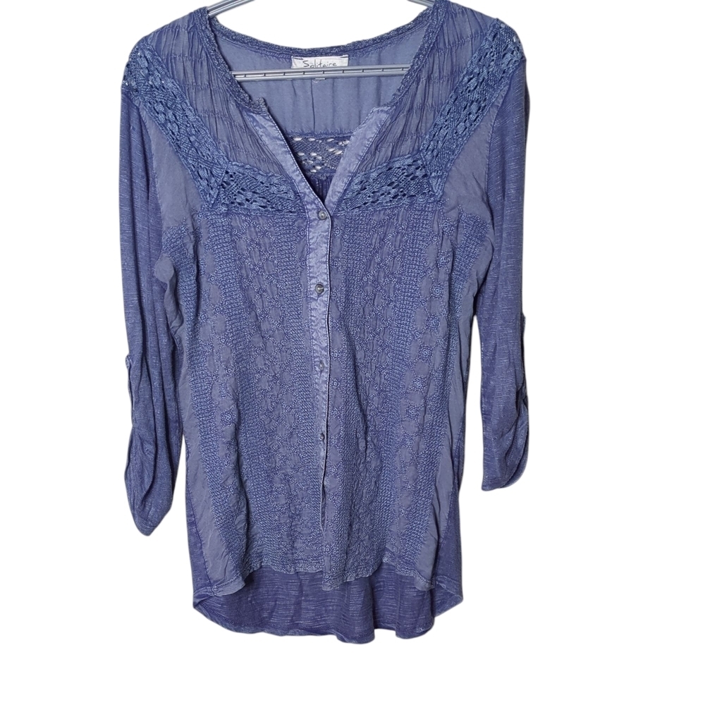 Solitaire Top Women's Size M Blue‎ Embroidered Button Mixed Media Peasant Boho